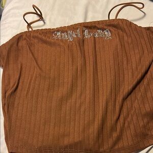 Brown Ribbed Crop Top with Rhinestone Detail